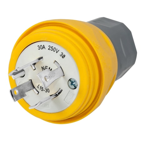 Bryant Watertight Locking Plug, L15-30P, 30 A, 250V AC, Three Phase, 3 Pole, Screw Terminals, Yellow BRY28W75